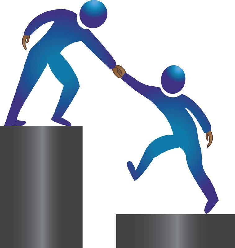 Illustration of one person helping another climb up a step, symbolizing teamwork and support.